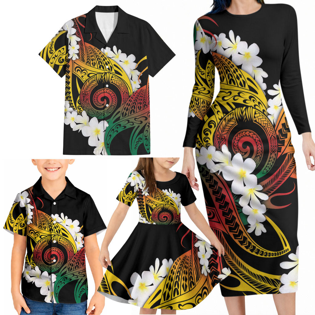 Piko Hawaiian Family Matching Long Sleeve Bodycon Dress and Hawaiian Shirt Gradient Spiral Plumeria Tribal Patterns DT05 - Polynesian Pride