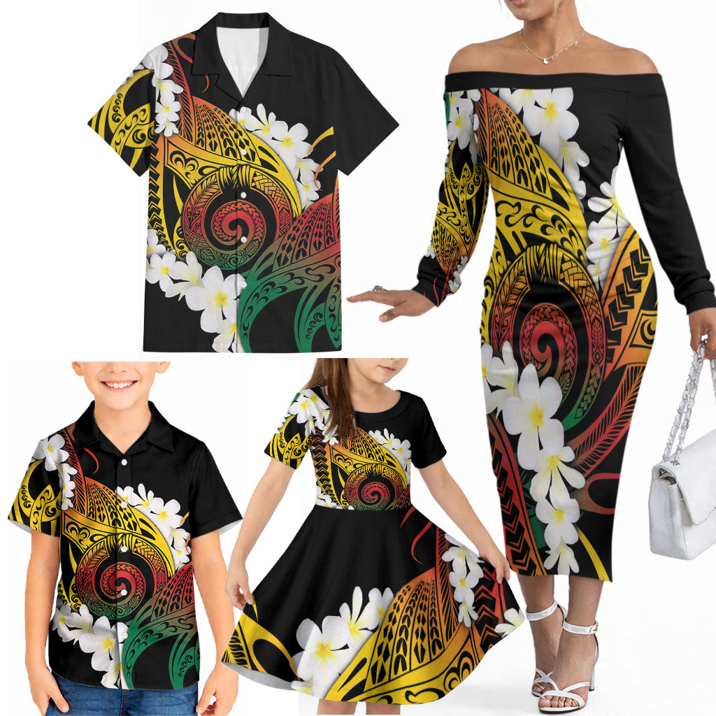 Piko Hawaiian Family Matching Off The Shoulder Long Sleeve Dress and Hawaiian Shirt Gradient Spiral Plumeria Tribal Patterns