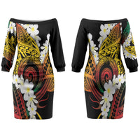 Piko Hawaiian Family Matching Off The Shoulder Long Sleeve Dress and Hawaiian Shirt Gradient Spiral Plumeria Tribal Patterns