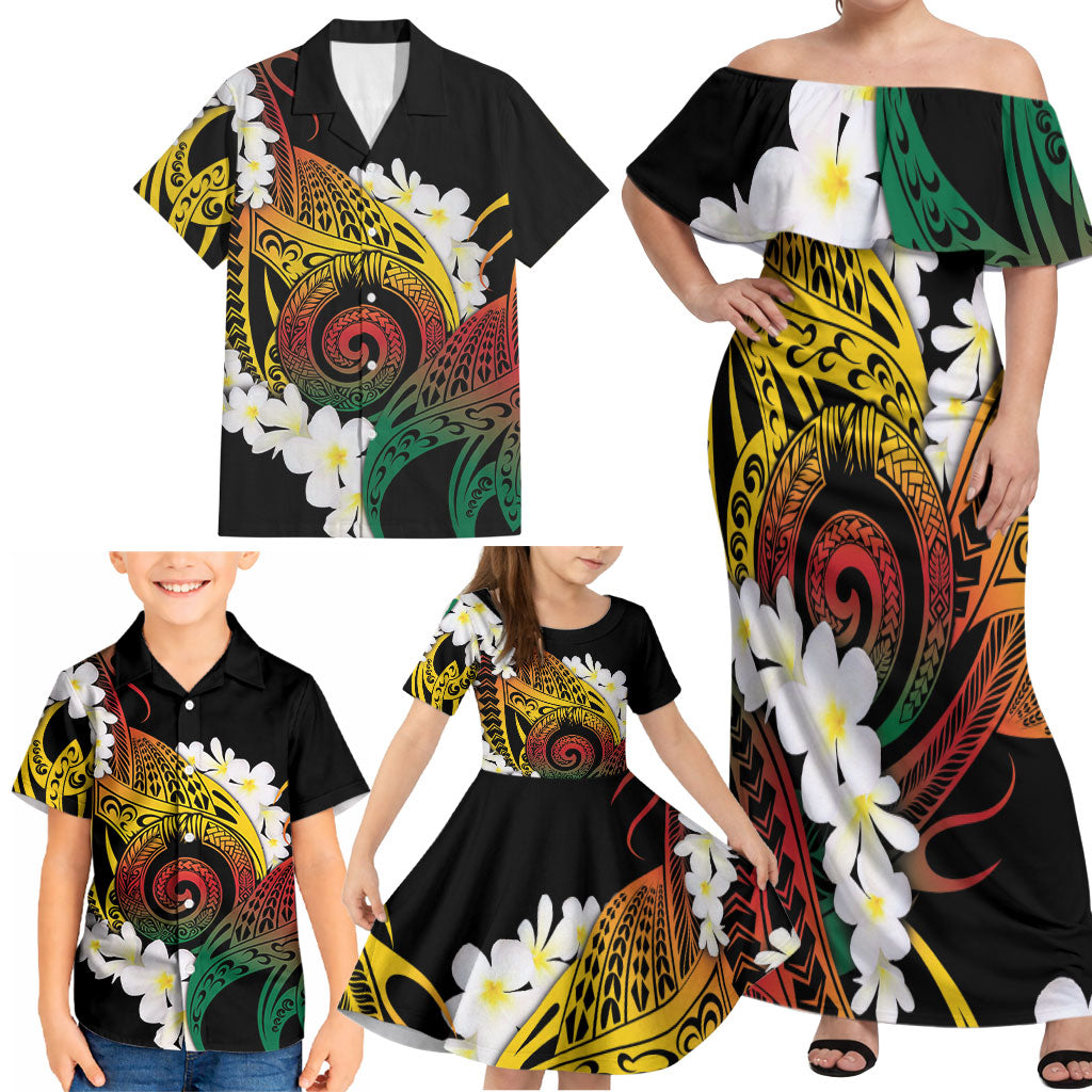 Piko Hawaiian Family Matching Off Shoulder Maxi Dress and Hawaiian Shirt Gradient Spiral Plumeria Tribal Patterns