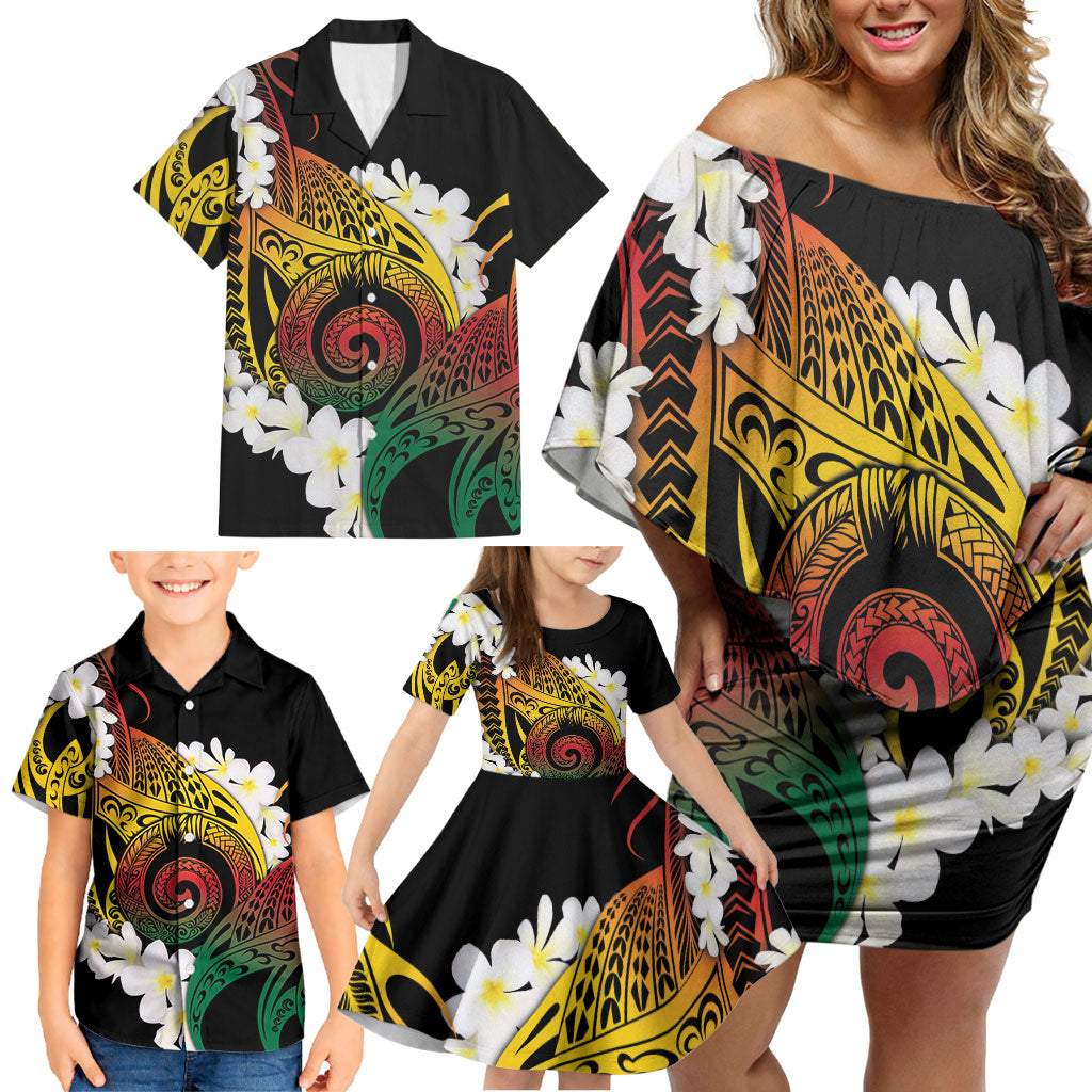 Piko Hawaiian Family Matching Off Shoulder Short Dress and Hawaiian Shirt Gradient Spiral Plumeria Tribal Patterns DT05 - Polynesian Pride