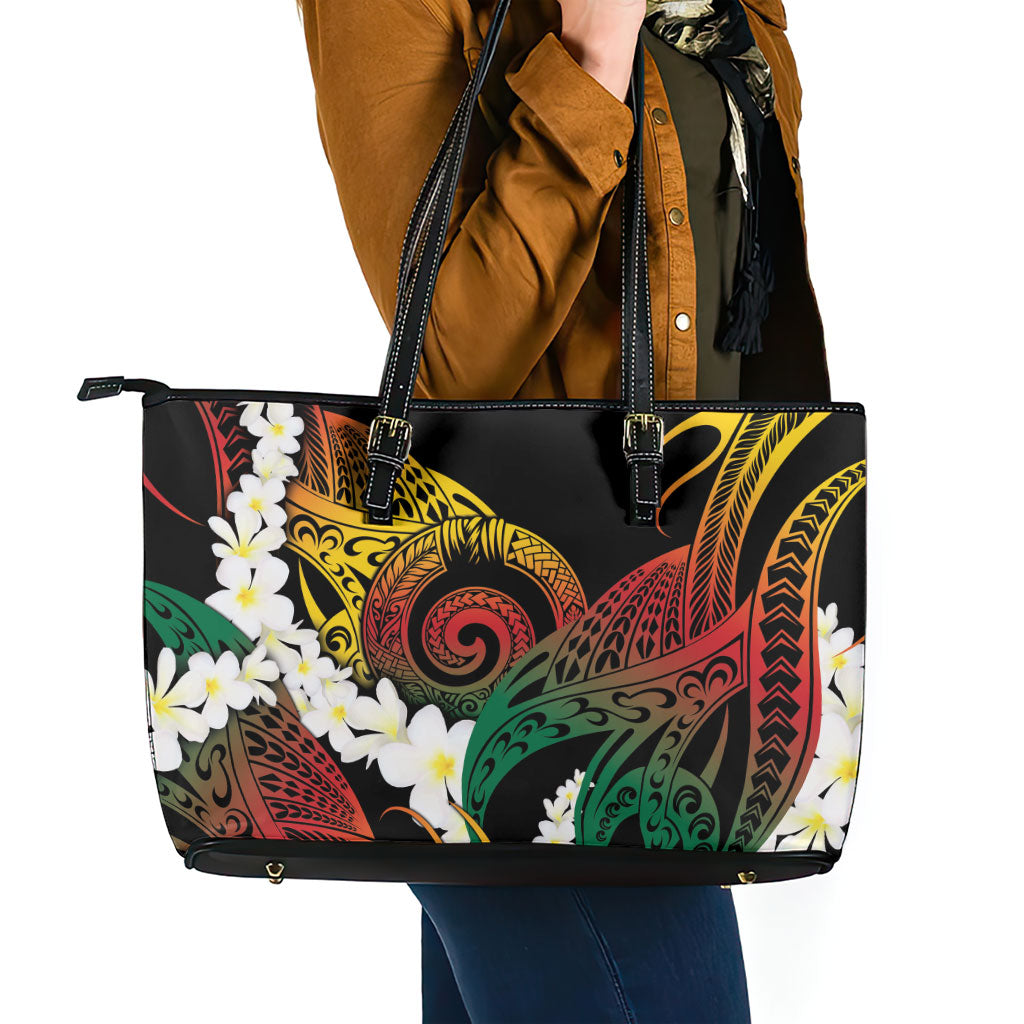 Piko Hawaiian Leather Tote Bag Gradient Spiral Plumeria Tribal Patterns