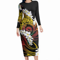 Piko Hawaiian Long Sleeve Bodycon Dress Gradient Spiral Plumeria Tribal Patterns