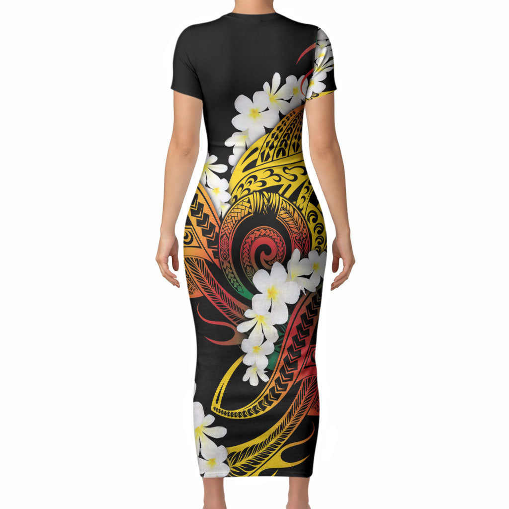 Piko Hawaiian Short Sleeve Bodycon Dress Gradient Spiral Plumeria Tribal Patterns