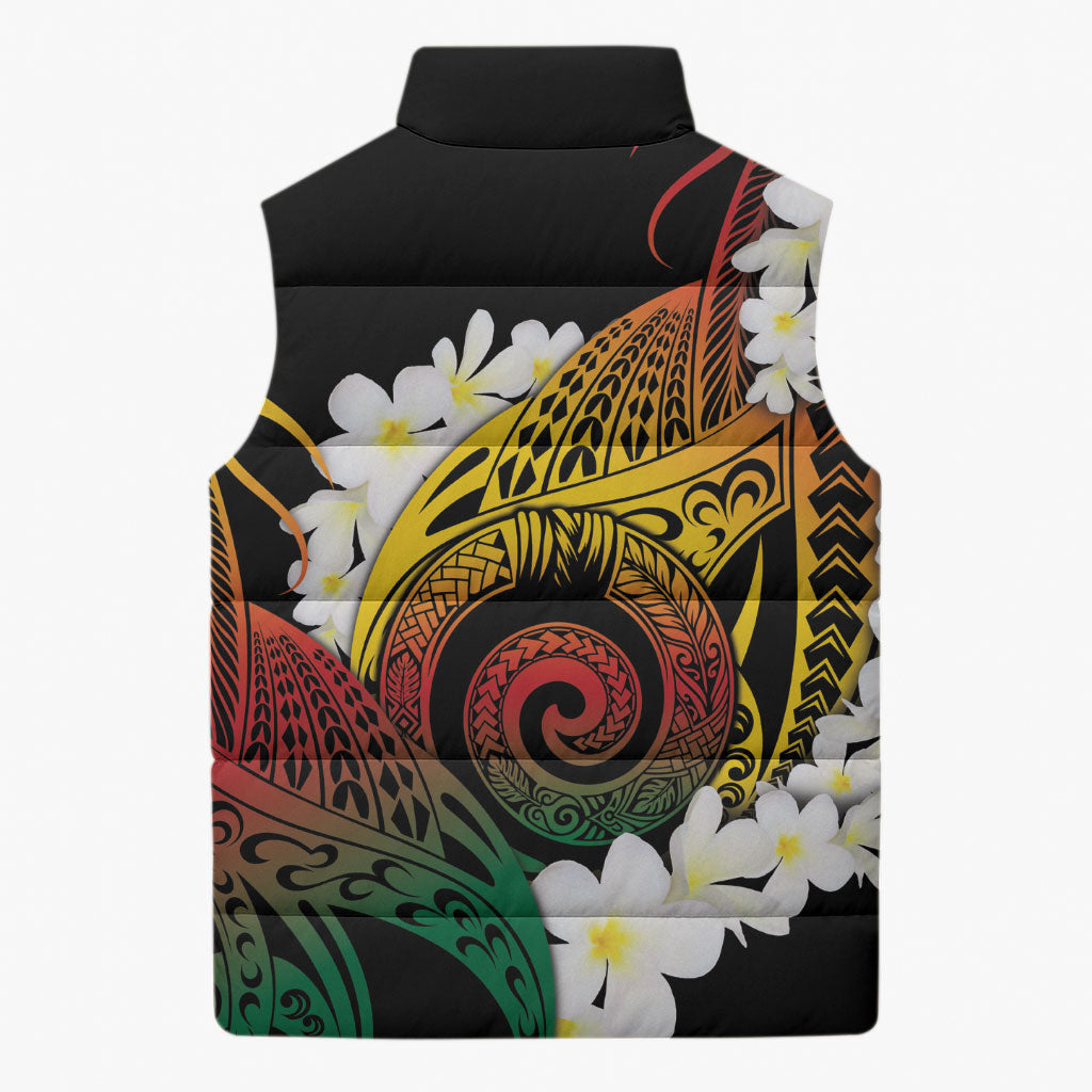 Piko Hawaiian Sleeveless Puffer Jacket Gradient Spiral Plumeria Tribal Patterns