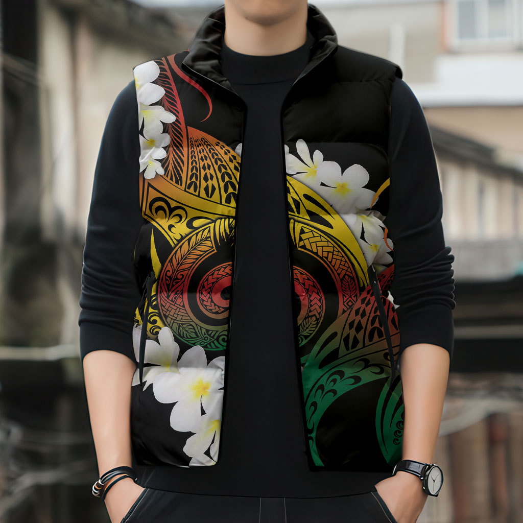 Piko Hawaiian Sleeveless Puffer Jacket Gradient Spiral Plumeria Tribal Patterns