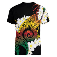 Piko Hawaiian Women V-Neck T-Shirt Gradient Spiral Plumeria Tribal Patterns