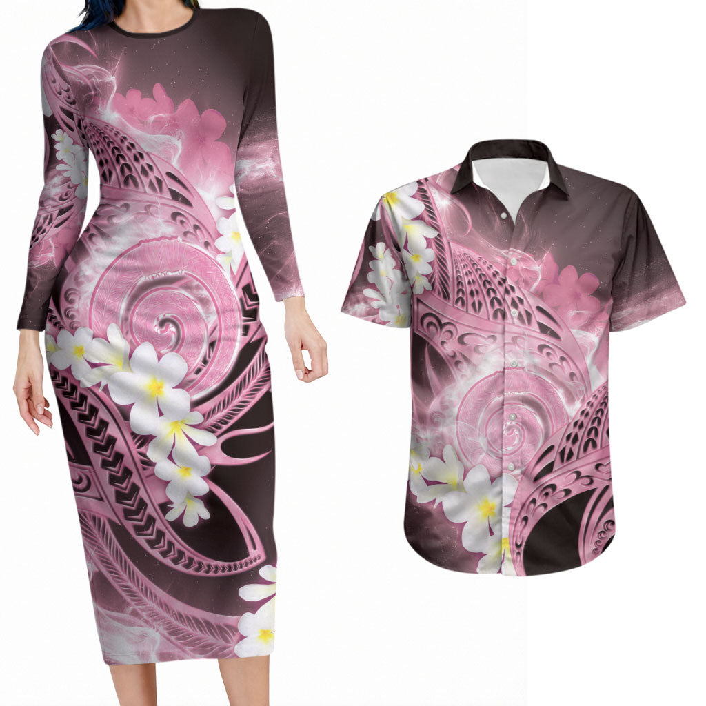 Piko Hawaiian Couples Matching Long Sleeve Bodycon Dress and Hawaiian Shirt Pink Galaxy Spiral Plumeria Tribal Patterns
