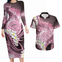 Piko Hawaiian Couples Matching Long Sleeve Bodycon Dress and Hawaiian Shirt Pink Galaxy Spiral Plumeria Tribal Patterns