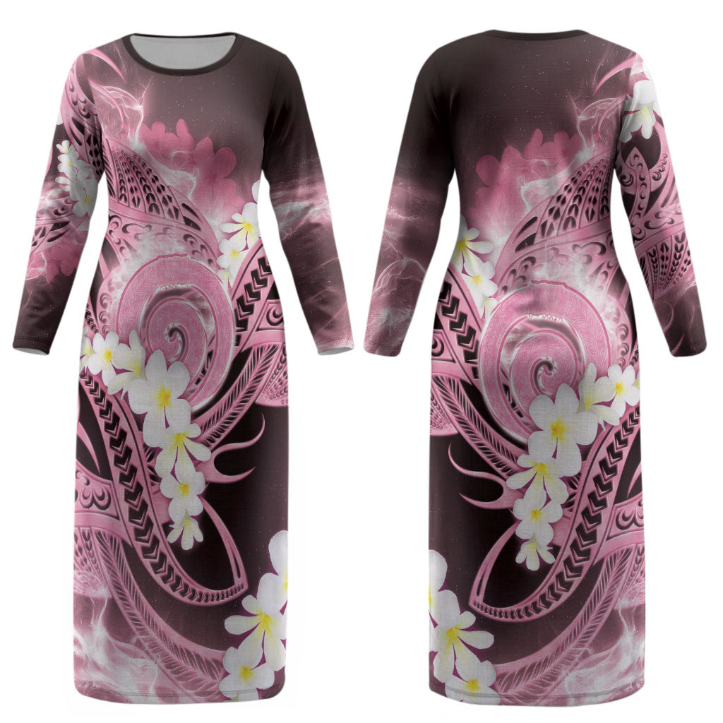 Piko Hawaiian Couples Matching Long Sleeve Bodycon Dress and Long Sleeve Button Shirt Pink Galaxy Spiral Plumeria Tribal Patterns