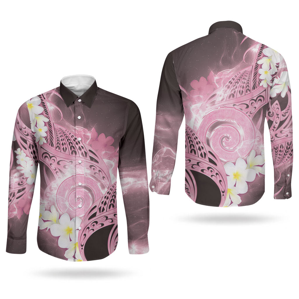 Piko Hawaiian Couples Matching Off Shoulder Short Dress and Long Sleeve Button Shirt Pink Galaxy Spiral Plumeria Tribal Patterns
