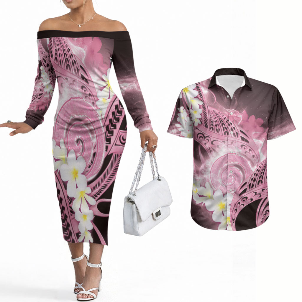 Piko Hawaiian Couples Matching Off The Shoulder Long Sleeve Dress and Hawaiian Shirt Pink Galaxy Spiral Plumeria Tribal Patterns DT05 Pink - Polynesian Pride