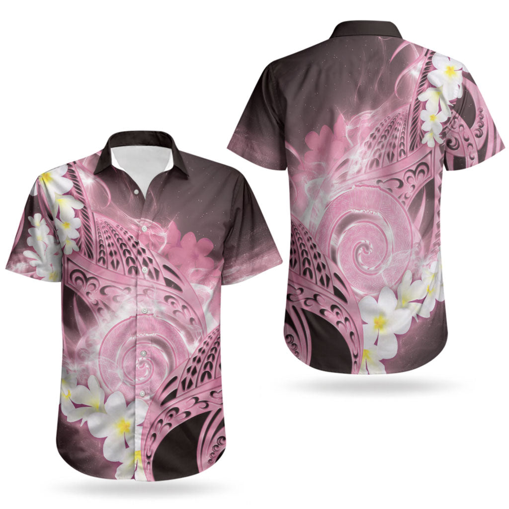 Piko Hawaiian Couples Matching Off The Shoulder Long Sleeve Dress and Hawaiian Shirt Pink Galaxy Spiral Plumeria Tribal Patterns