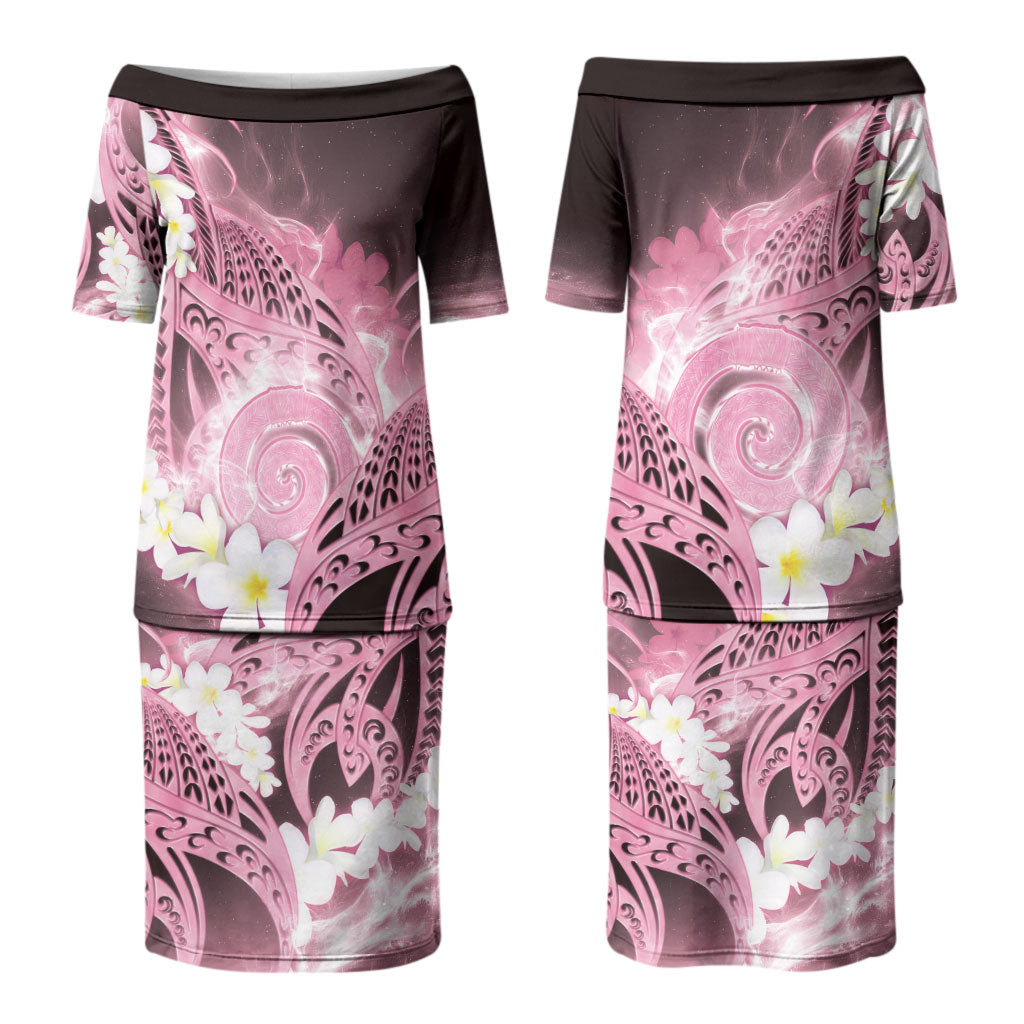 Piko Hawaiian Couples Matching Puletasi and Long Sleeve Button Shirt Pink Galaxy Spiral Plumeria Tribal Patterns
