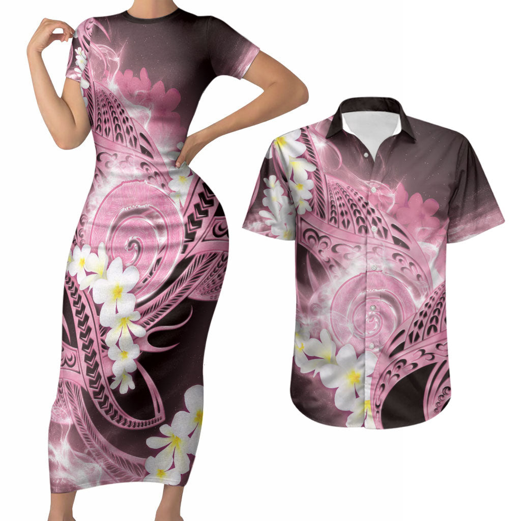 Piko Hawaiian Couples Matching Short Sleeve Bodycon Dress and Hawaiian Shirt Pink Galaxy Spiral Plumeria Tribal Patterns DT05 Pink - Polynesian Pride