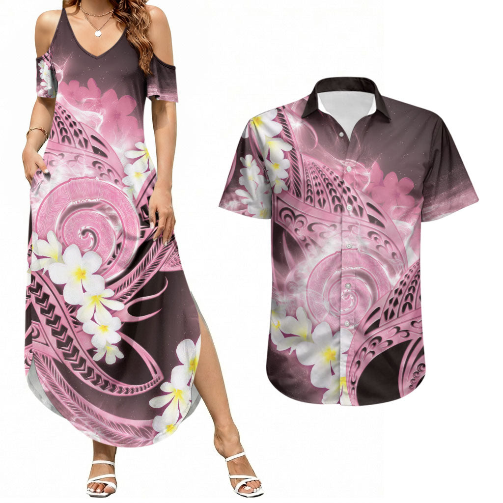 Piko Hawaiian Couples Matching Summer Maxi Dress and Hawaiian Shirt Pink Galaxy Spiral Plumeria Tribal Patterns