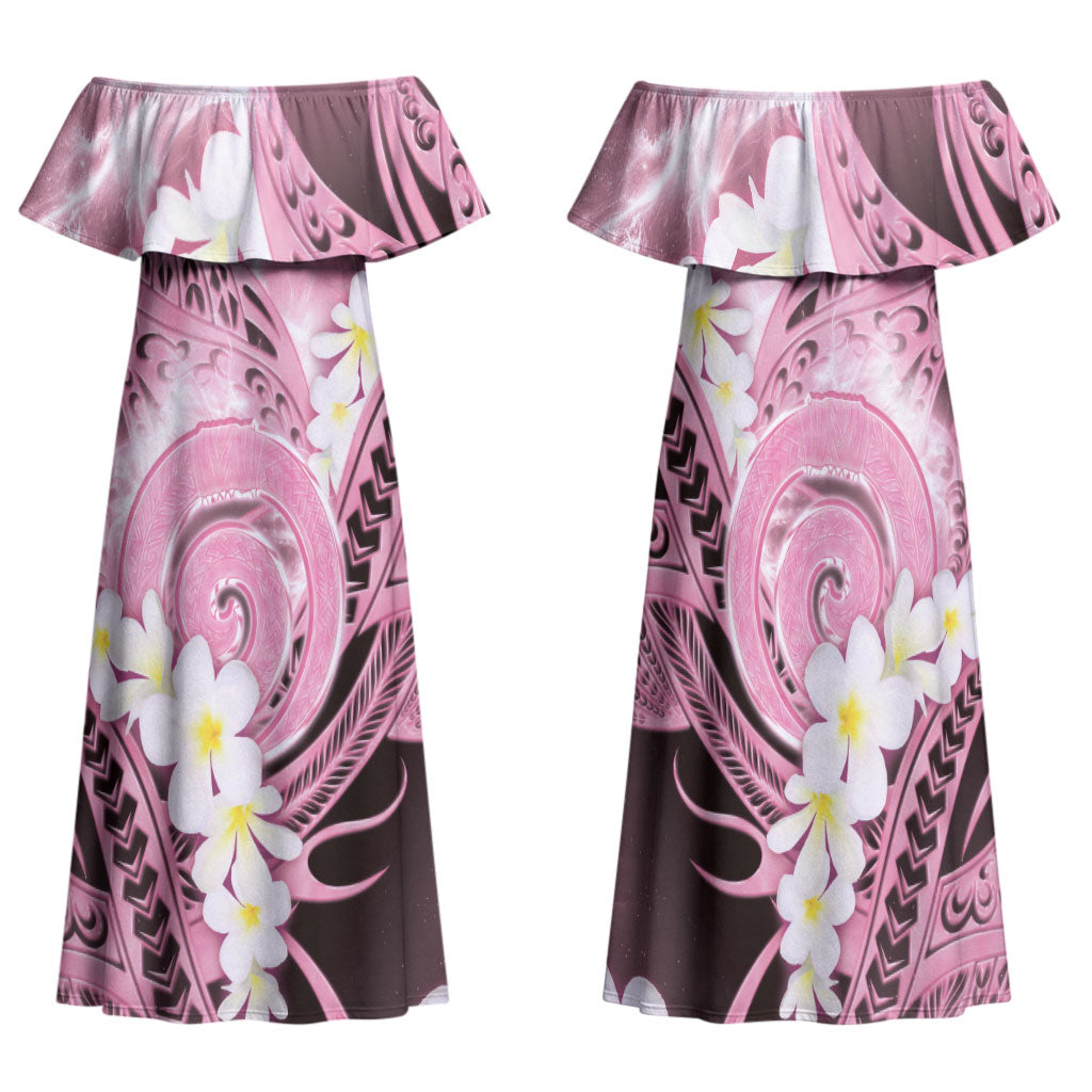 Piko Hawaiian Family Matching Off Shoulder Maxi Dress and Hawaiian Shirt Pink Galaxy Spiral Plumeria Tribal Patterns