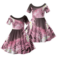 Piko Hawaiian Family Matching Off Shoulder Short Dress and Hawaiian Shirt Pink Galaxy Spiral Plumeria Tribal Patterns