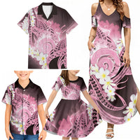 Piko Hawaiian Family Matching Summer Maxi Dress and Hawaiian Shirt Pink Galaxy Spiral Plumeria Tribal Patterns