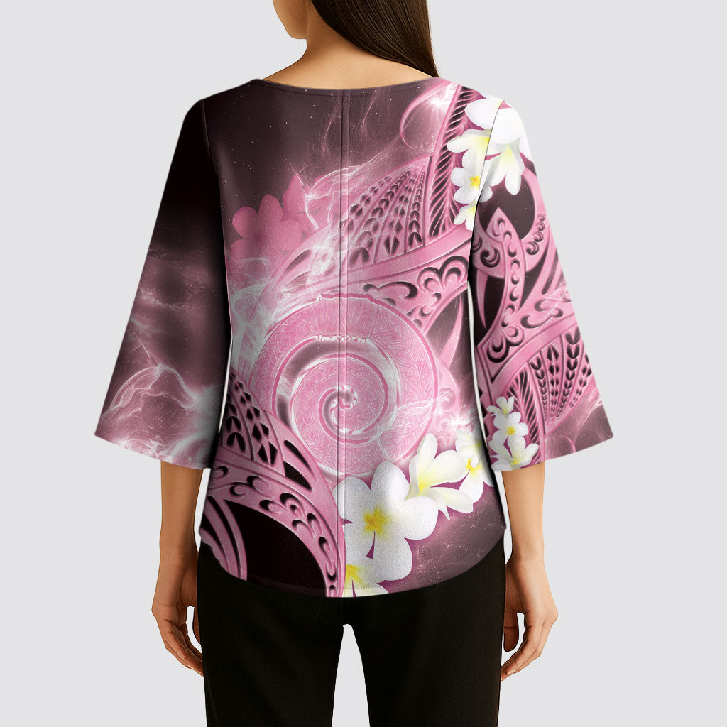 Piko Hawaiian Kimono Sleeve Blouse Pink Galaxy Spiral Plumeria Tribal Patterns