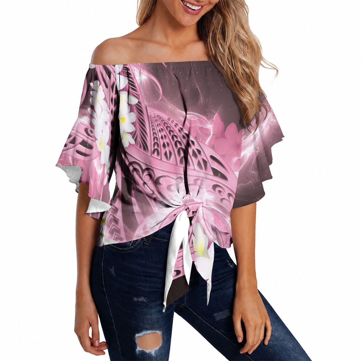 Piko Hawaiian Off Shoulder Wrap Waist Top Pink Galaxy Spiral Plumeria Tribal Patterns DT05 - Polynesian Pride