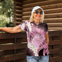 Piko Hawaiian Women Polo Shirt Pink Galaxy Spiral Plumeria Tribal Patterns