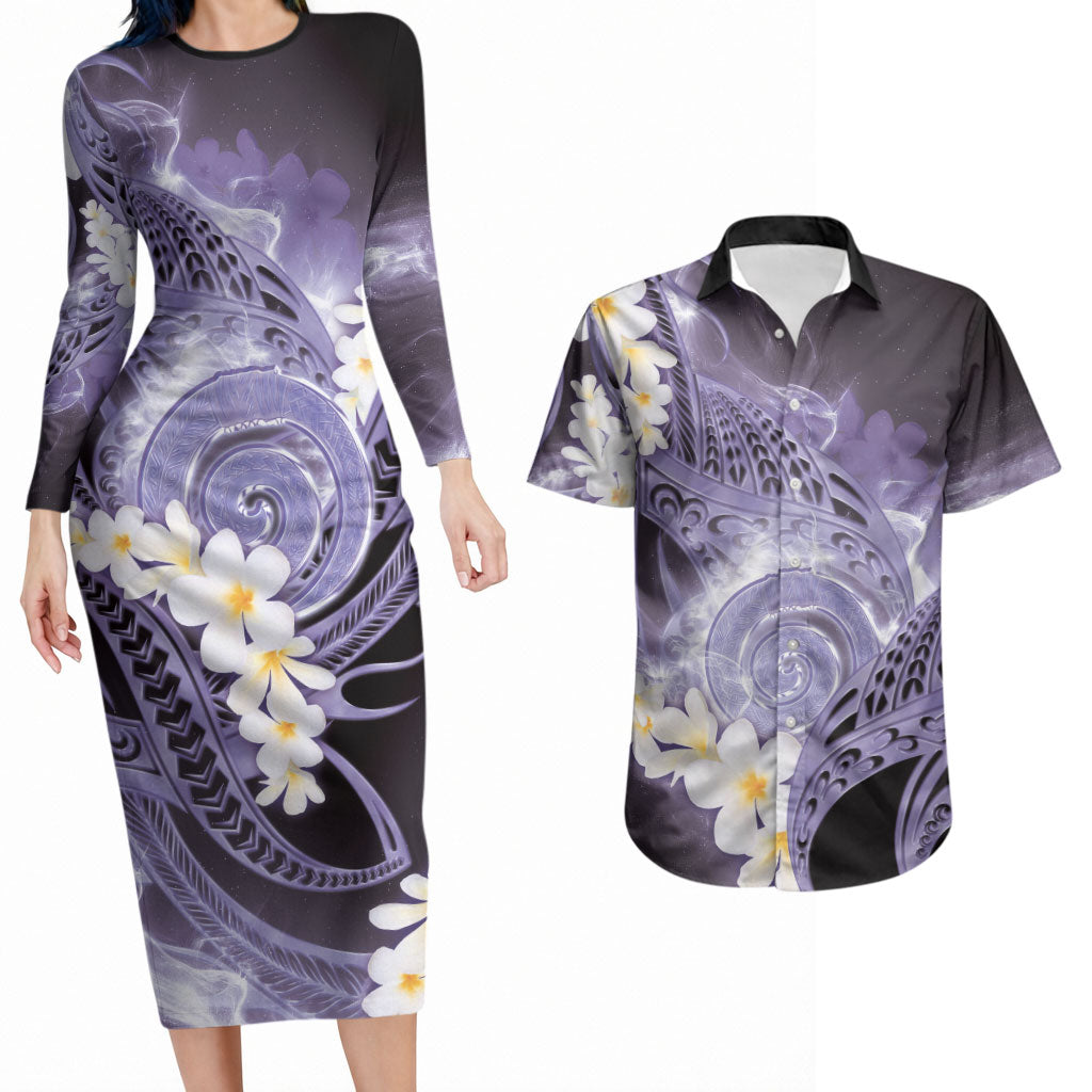 Piko Hawaiian Couples Matching Long Sleeve Bodycon Dress and Hawaiian Shirt Purple Galaxy Spiral Plumeria Tribal Patterns