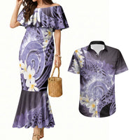 Piko Hawaiian Couples Matching Mermaid Dress and Hawaiian Shirt Purple Galaxy Spiral Plumeria Tribal Patterns