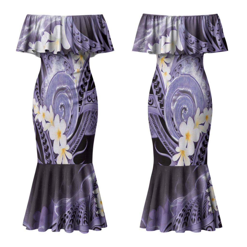 Piko Hawaiian Couples Matching Mermaid Dress and Long Sleeve Button Shirt Purple Galaxy Spiral Plumeria Tribal Patterns