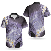 Piko Hawaiian Couples Matching Off The Shoulder Long Sleeve Dress and Hawaiian Shirt Purple Galaxy Spiral Plumeria Tribal Patterns