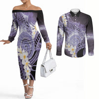 Piko Hawaiian Couples Matching Off The Shoulder Long Sleeve Dress and Long Sleeve Button Shirt Purple Galaxy Spiral Plumeria Tribal Patterns