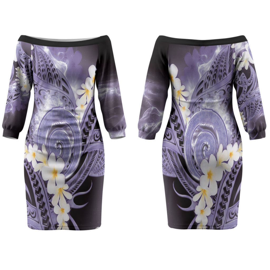 Piko Hawaiian Couples Matching Off The Shoulder Long Sleeve Dress and Long Sleeve Button Shirt Purple Galaxy Spiral Plumeria Tribal Patterns