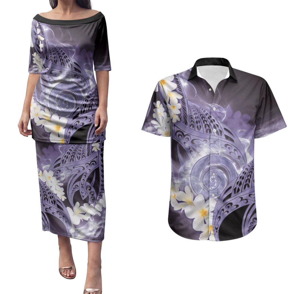 Piko Hawaiian Couples Matching Puletasi and Hawaiian Shirt Purple Galaxy Spiral Plumeria Tribal Patterns DT05 Purple - Polynesian Pride