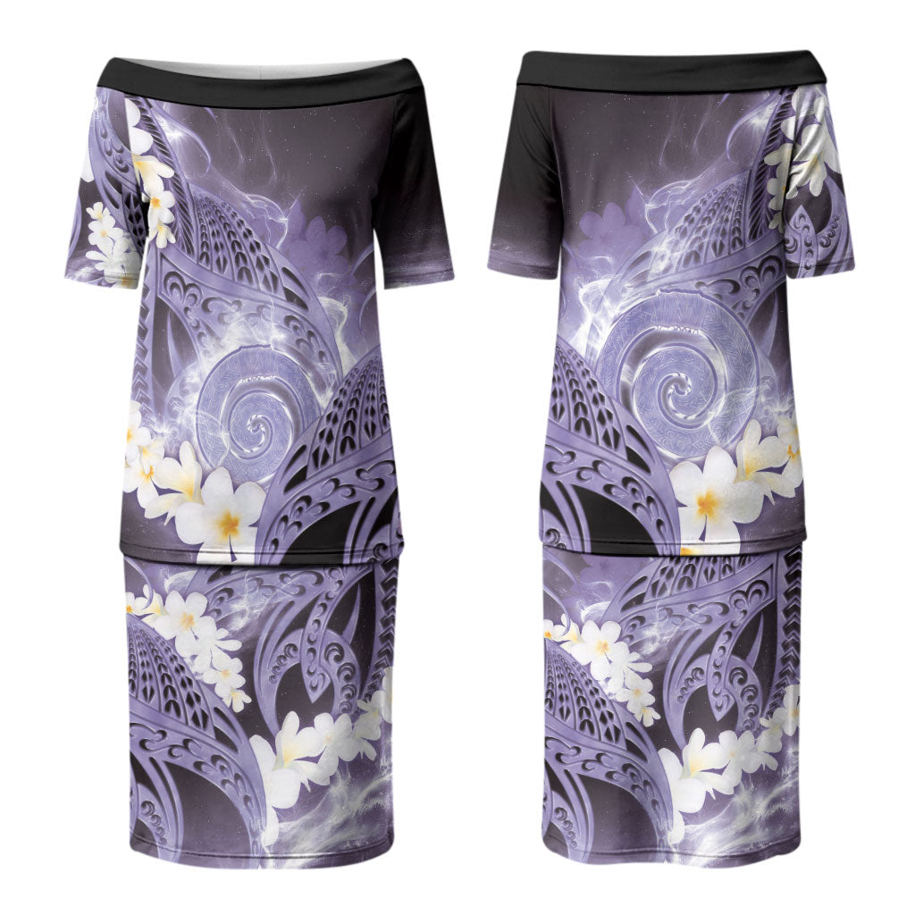 Piko Hawaiian Couples Matching Puletasi and Hawaiian Shirt Purple Galaxy Spiral Plumeria Tribal Patterns