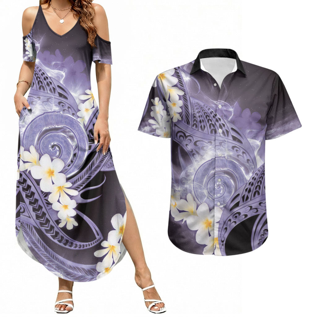 Piko Hawaiian Couples Matching Summer Maxi Dress and Hawaiian Shirt Purple Galaxy Spiral Plumeria Tribal Patterns
