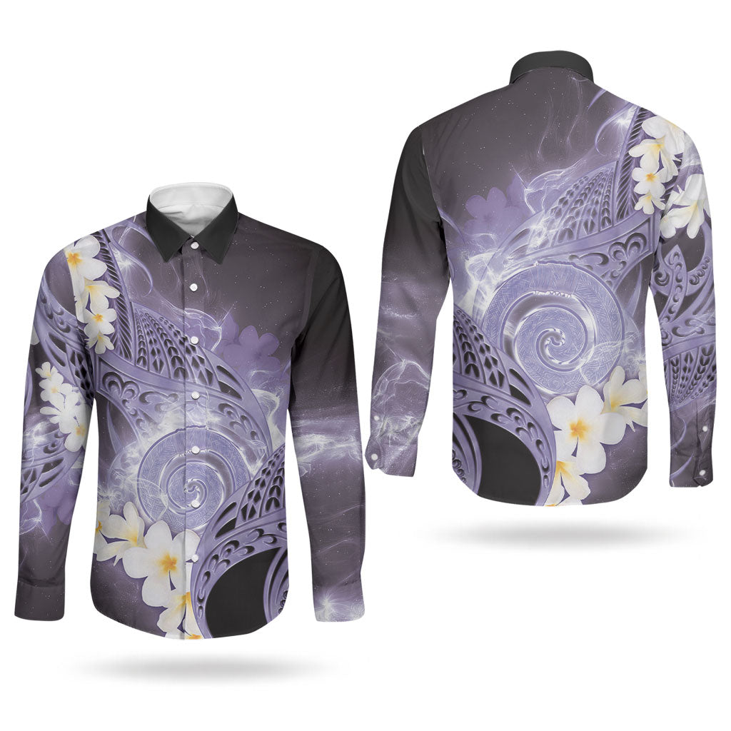 Piko Hawaiian Couples Matching Tank Maxi Dress and Long Sleeve Button Shirt Purple Galaxy Spiral Plumeria Tribal Patterns