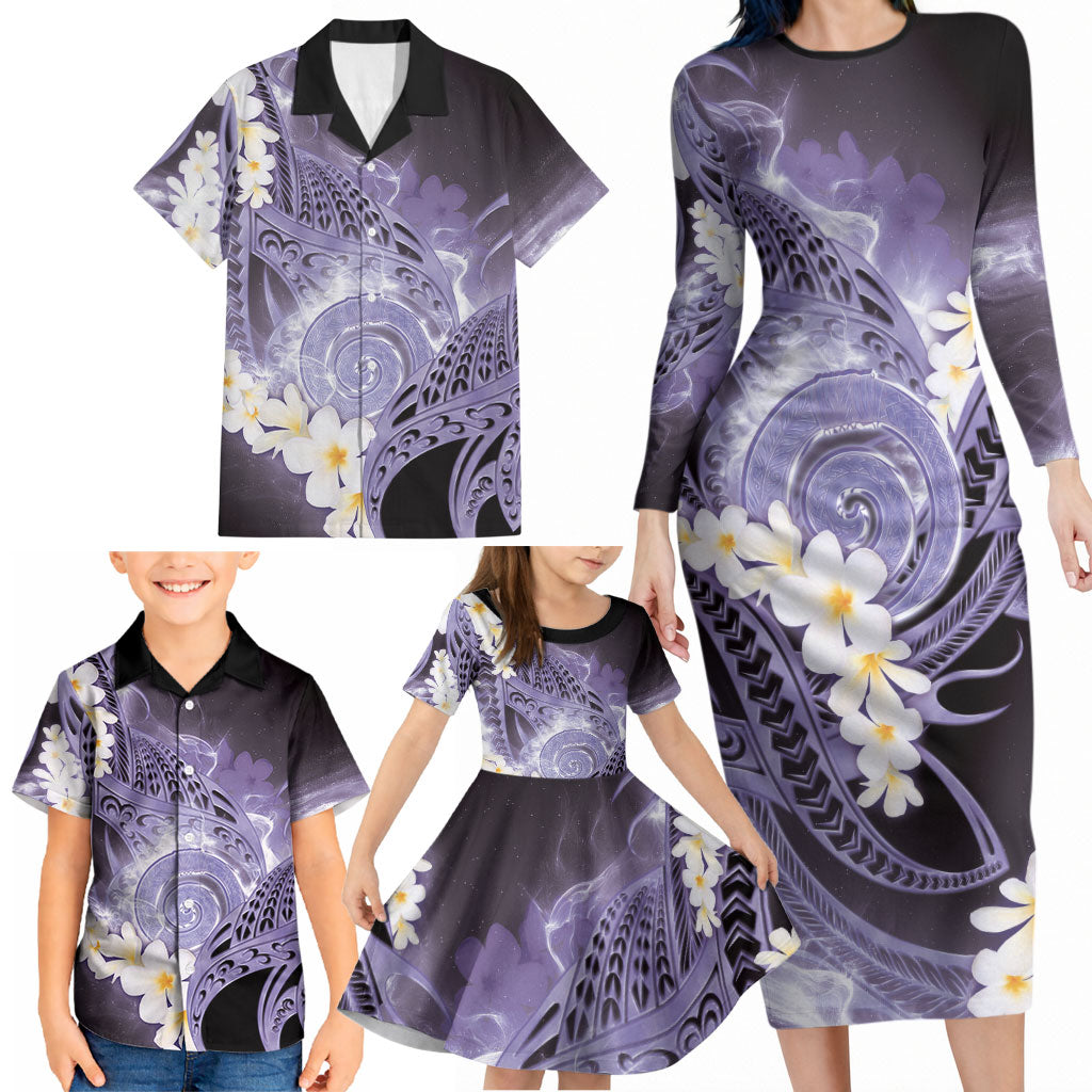 Piko Hawaiian Family Matching Long Sleeve Bodycon Dress and Hawaiian Shirt Purple Galaxy Spiral Plumeria Tribal Patterns
