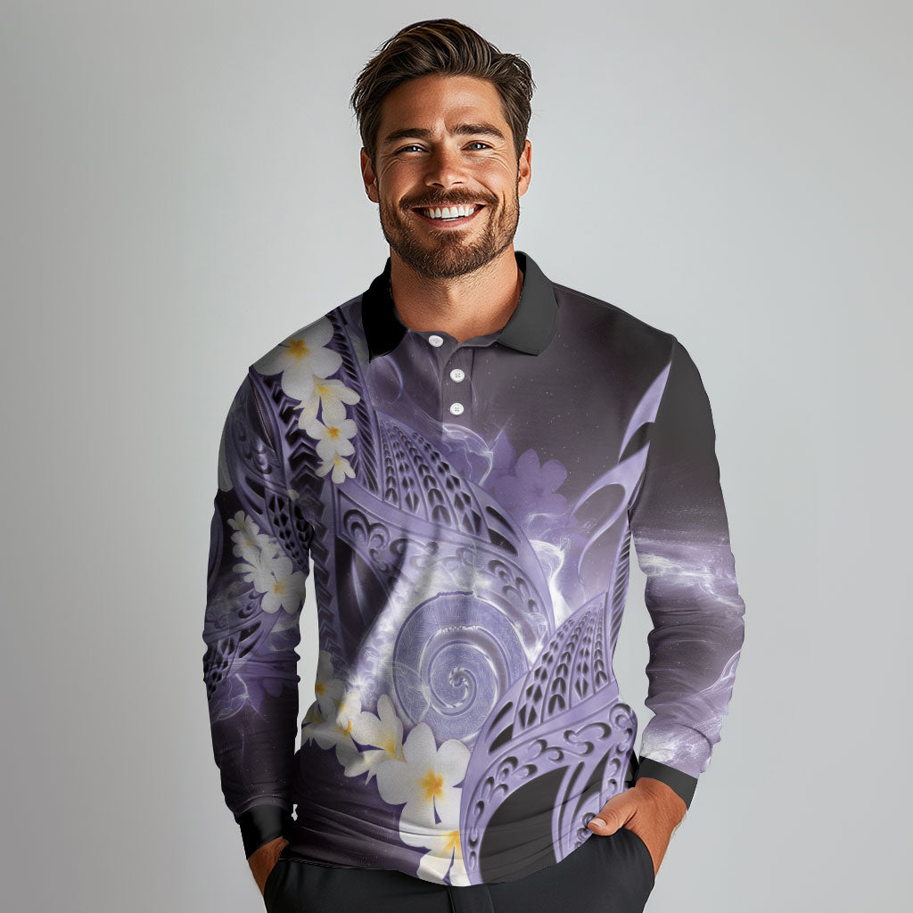 Piko Hawaiian Long Sleeve Polo Shirt Purple Galaxy Spiral Plumeria Tribal Patterns