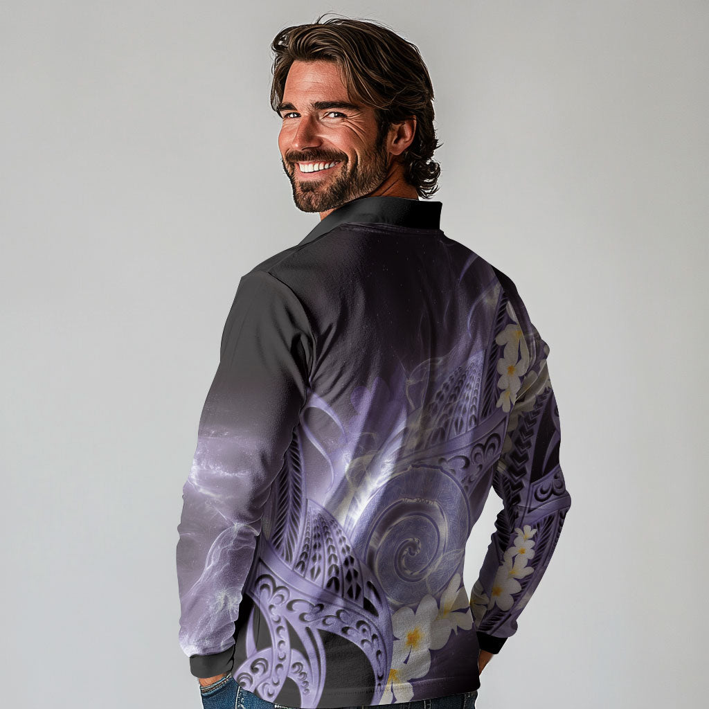 Piko Hawaiian Long Sleeve Polo Shirt Purple Galaxy Spiral Plumeria Tribal Patterns