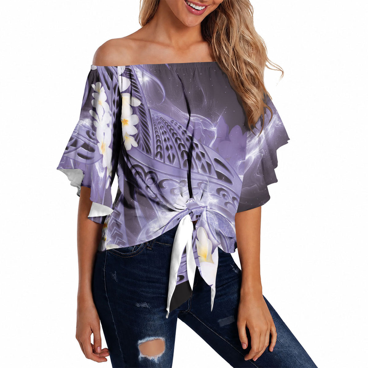 Piko Hawaiian Off Shoulder Wrap Waist Top Purple Galaxy Spiral Plumeria Tribal Patterns DT05 - Polynesian Pride