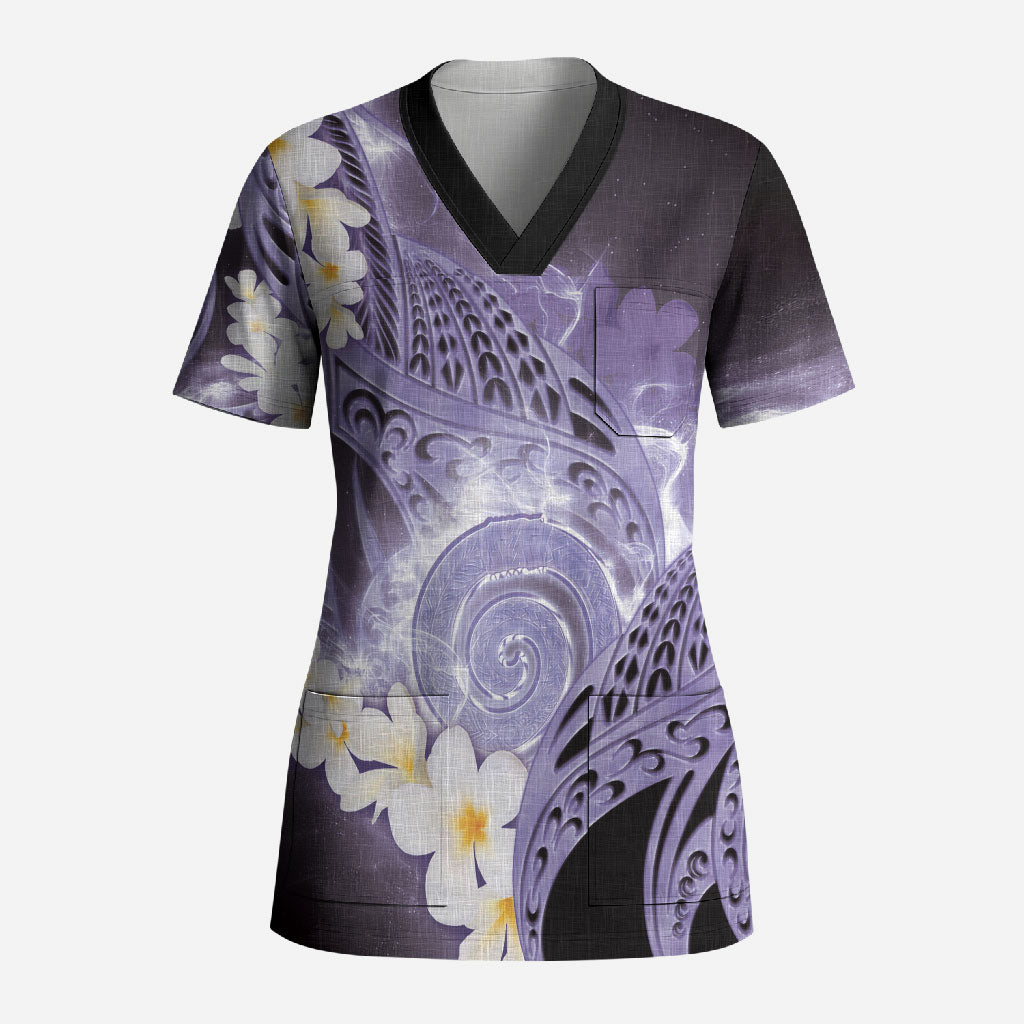 Piko Hawaiian Scrub Top Purple Galaxy Spiral Plumeria Tribal Patterns DT05 Adult Purple - Polynesian Pride
