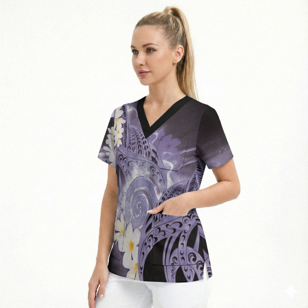 Piko Hawaiian Scrub Top Purple Galaxy Spiral Plumeria Tribal Patterns