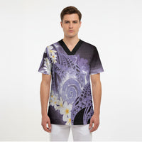 Piko Hawaiian Scrub Top Purple Galaxy Spiral Plumeria Tribal Patterns