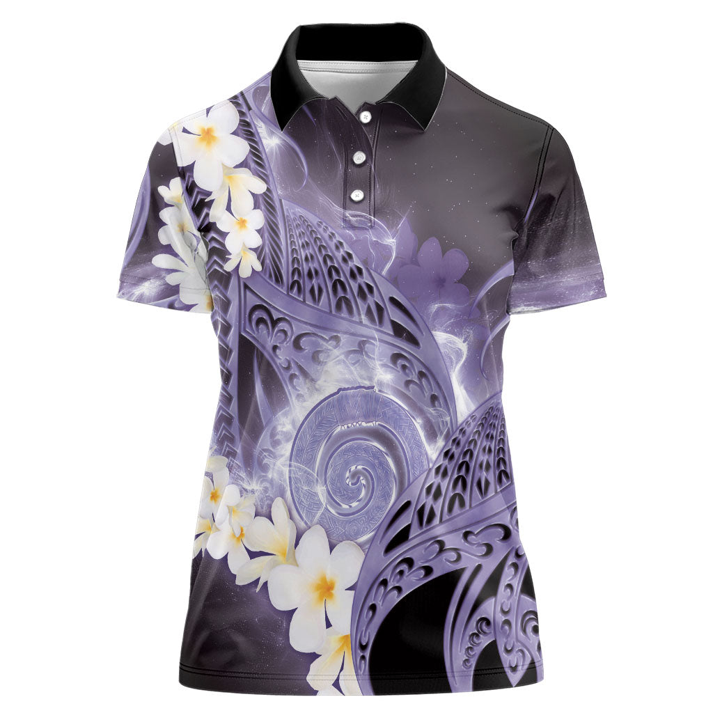 Piko Hawaiian Women Polo Shirt Purple Galaxy Spiral Plumeria Tribal Patterns