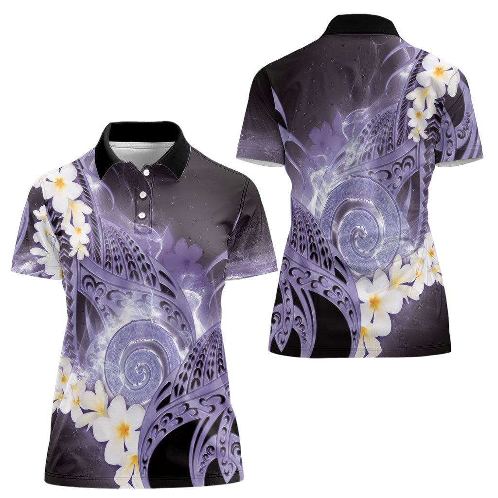 Piko Hawaiian Women Polo Shirt Purple Galaxy Spiral Plumeria Tribal Patterns