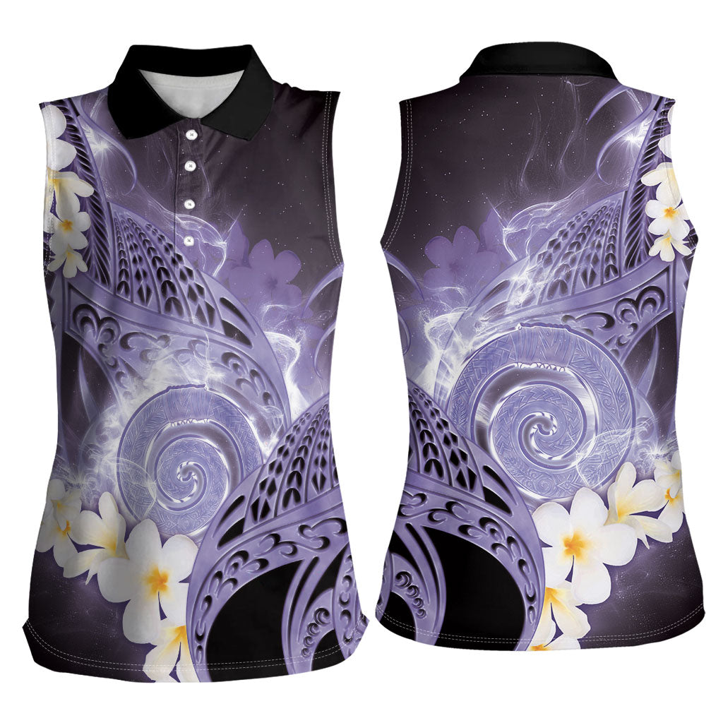 Piko Hawaiian Women Sleeveless Polo Shirt Purple Galaxy Spiral Plumeria Tribal Patterns