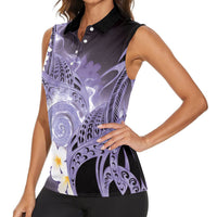 Piko Hawaiian Women Sleeveless Polo Shirt Purple Galaxy Spiral Plumeria Tribal Patterns