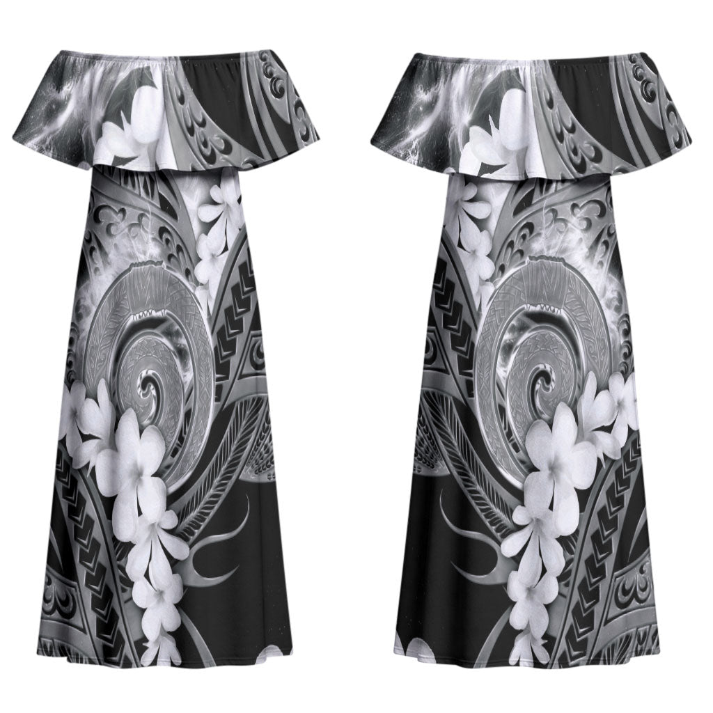 Piko Hawaiian Couples Matching Off Shoulder Maxi Dress and Long Sleeve Button Shirt Monochrome Galaxy Spiral Plumeria Tribal Patterns