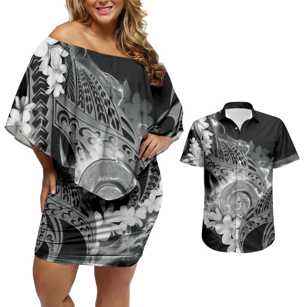 Piko Hawaiian Couples Matching Off Shoulder Short Dress and Hawaiian Shirt Monochrome Galaxy Spiral Plumeria Tribal Patterns