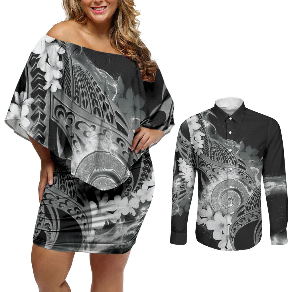 Piko Hawaiian Couples Matching Off Shoulder Short Dress and Long Sleeve Button Shirt Monochrome Galaxy Spiral Plumeria Tribal Patterns
